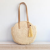 Women’s Straw Woven Round Tote with Leather Strap and Tassel for Beach, Vacation & Summer Outfits