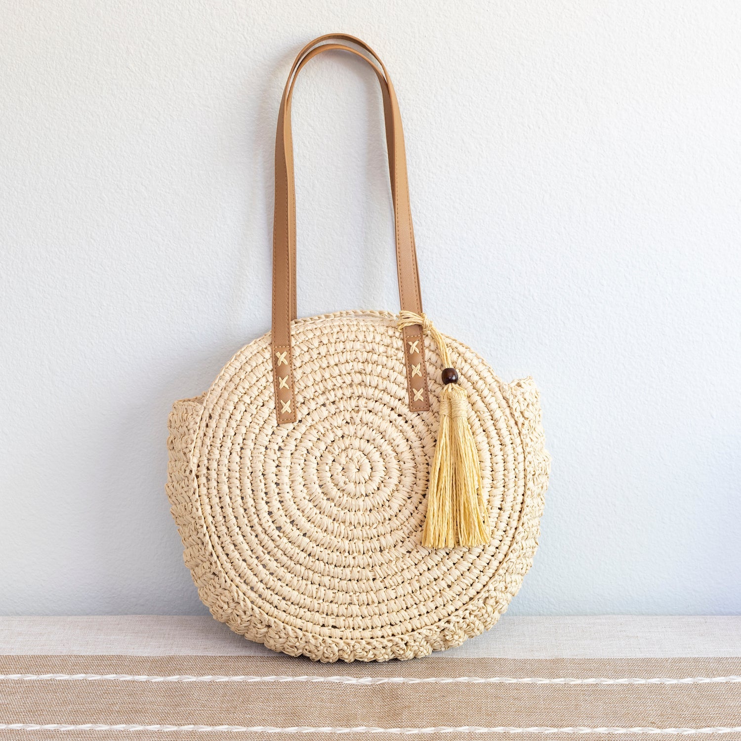 Women’s Straw Woven Round Tote with Leather Strap and Tassel for Beach, Vacation & Summer Outfits