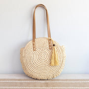Women’s Straw Woven Round Tote with Leather Strap and Tassel for Beach, Vacation & Summer Outfits