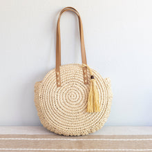 Women’s Straw Woven Round Tote with Leather Strap and Tassel for Beach, Vacation & Summer Outfits