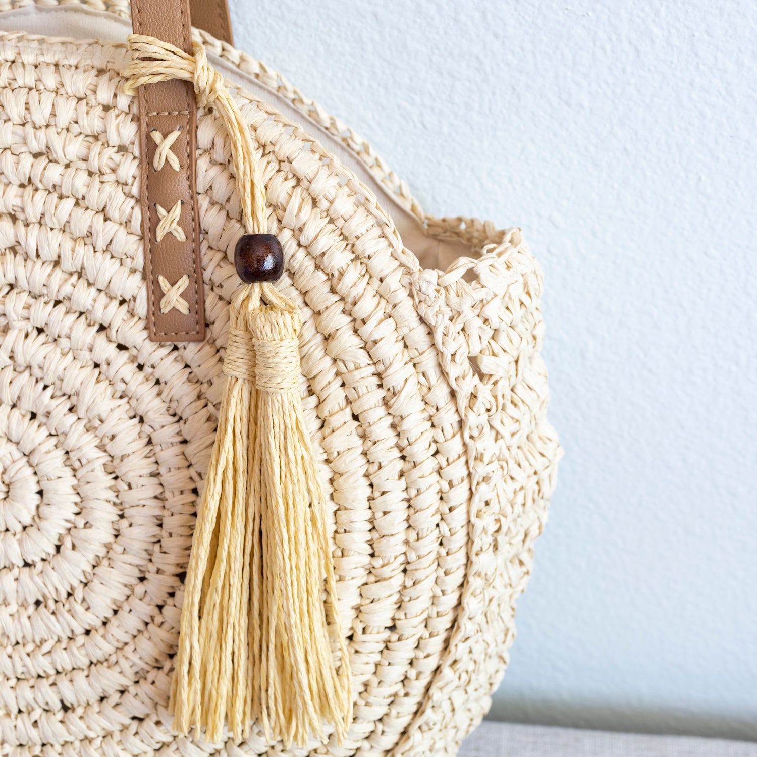 Women’s Straw Woven Round Tote with Leather Strap and Tassel for Beach, Vacation & Summer Outfits