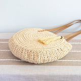 Women’s Straw Woven Round Tote with Leather Strap and Tassel for Beach, Vacation & Summer Outfits