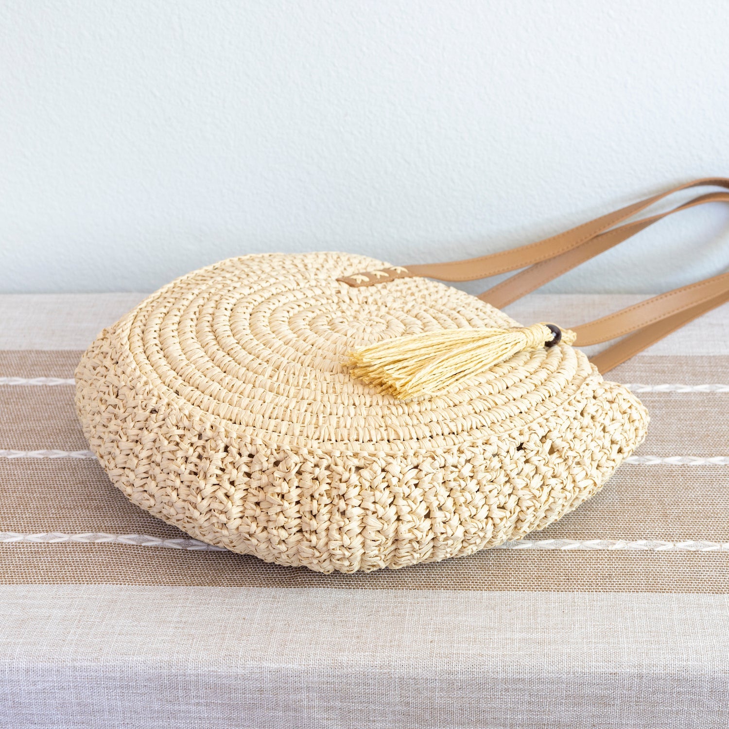 Women’s Straw Woven Round Tote with Leather Strap and Tassel for Beach, Vacation & Summer Outfits