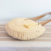Women’s Straw Woven Round Tote with Leather Strap and Tassel for Beach, Vacation & Summer Outfits