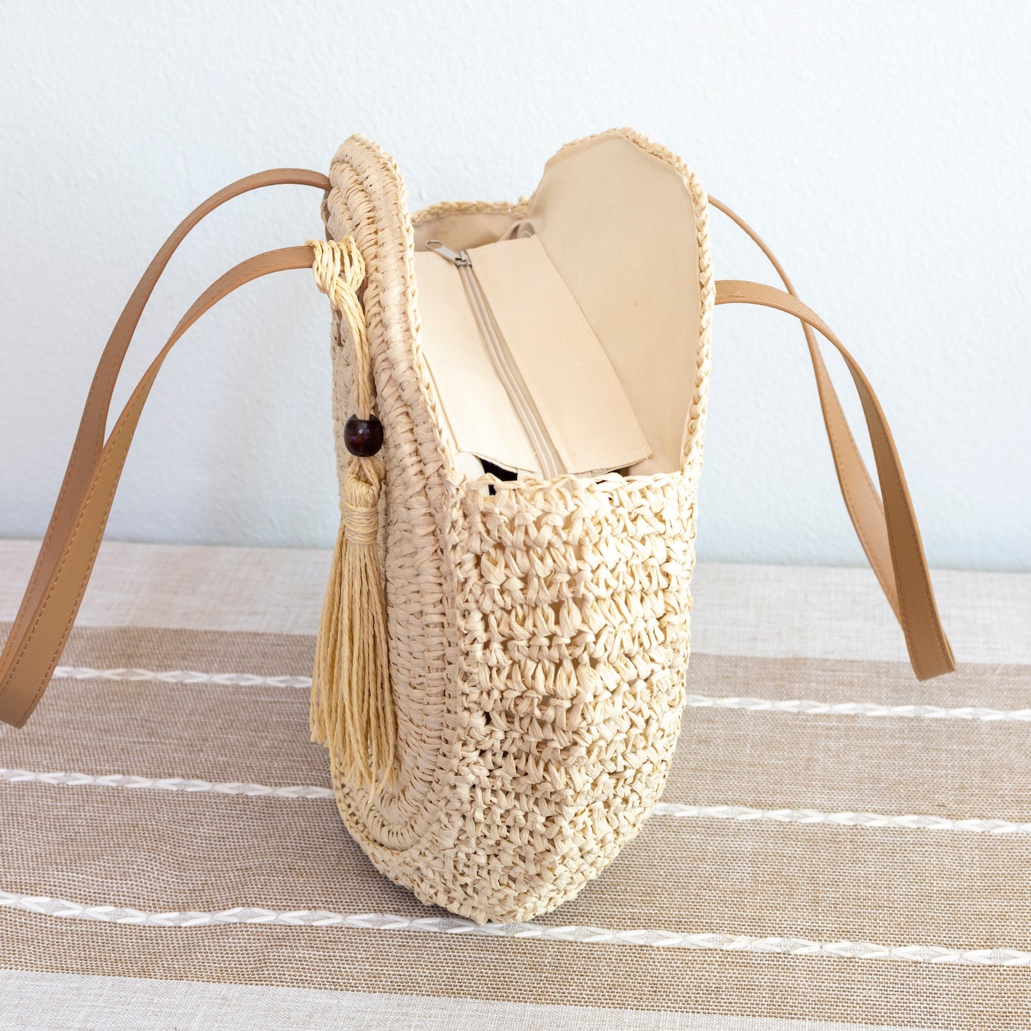Women’s Straw Woven Round Tote with Leather Strap and Tassel for Beach, Vacation & Summer Outfits