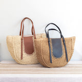 Women’s Large Straw Woven Round Tote with Brown Leather Accents for Beach, Vacation & Summer Outfits