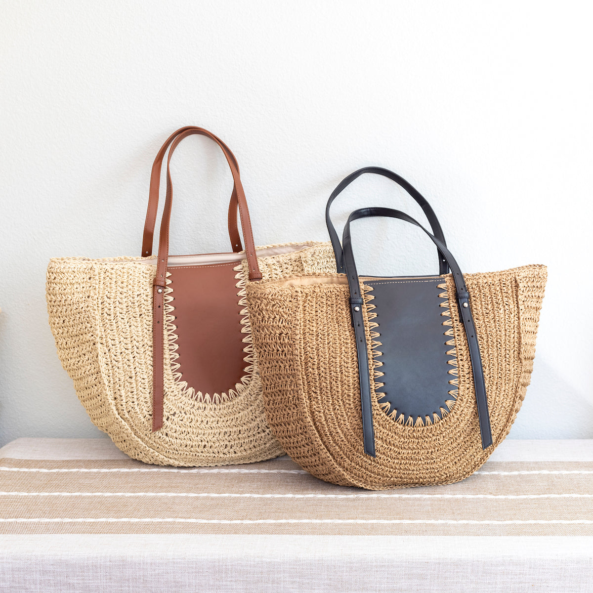 Women’s Large Straw Woven Round Tote with Brown Leather Accents for Beach, Vacation & Summer Outfits