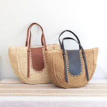 Women’s Large Straw Woven Round Tote with Brown Leather Accents for Beach, Vacation & Summer Outfits