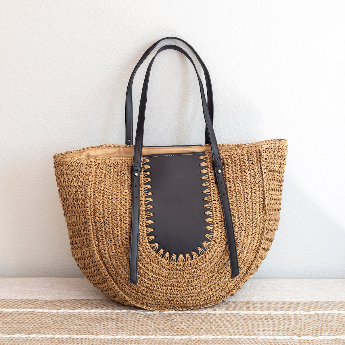 Women’s Large Straw Woven Round Tote with Brown Leather Accents for Beach, Vacation & Summer Outfits