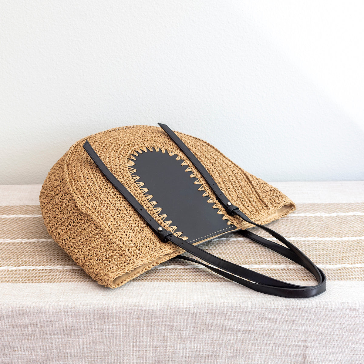 Women’s Large Straw Woven Round Tote with Brown Leather Accents for Beach, Vacation & Summer Outfits