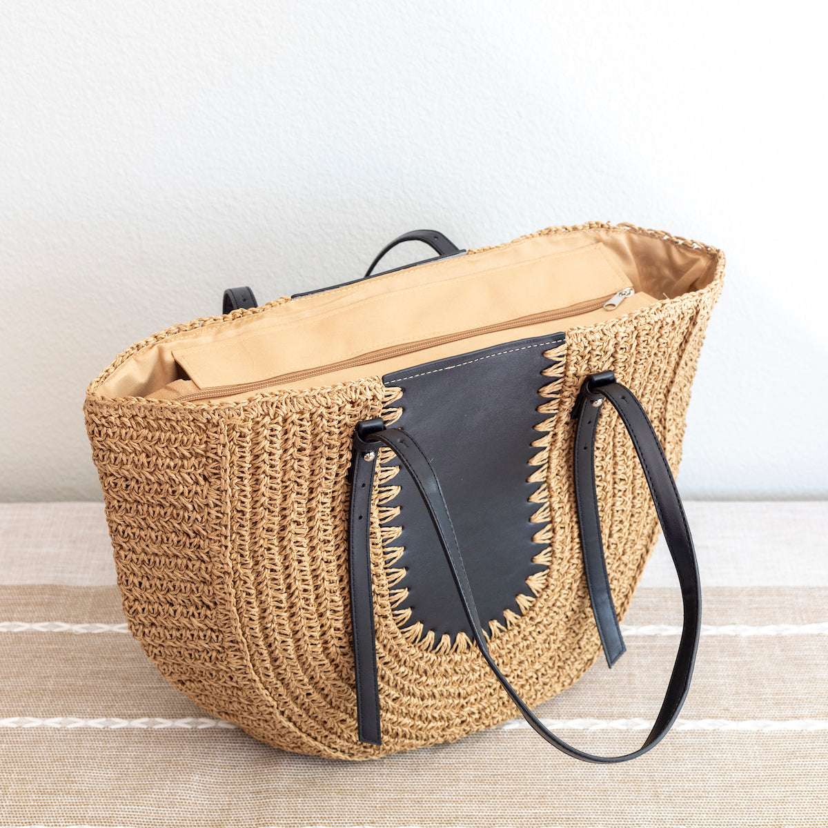 Women’s Large Straw Woven Round Tote with Brown Leather Accents for Beach, Vacation & Summer Outfits