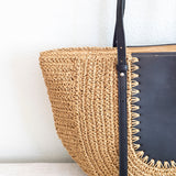 Women’s Large Straw Woven Round Tote with Brown Leather Accents for Beach, Vacation & Summer Outfits