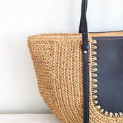 Women’s Large Straw Woven Round Tote with Brown Leather Accents for Beach, Vacation & Summer Outfits