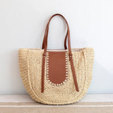 Women’s Large Straw Woven Round Tote with Brown Leather Accents for Beach, Vacation & Summer Outfits