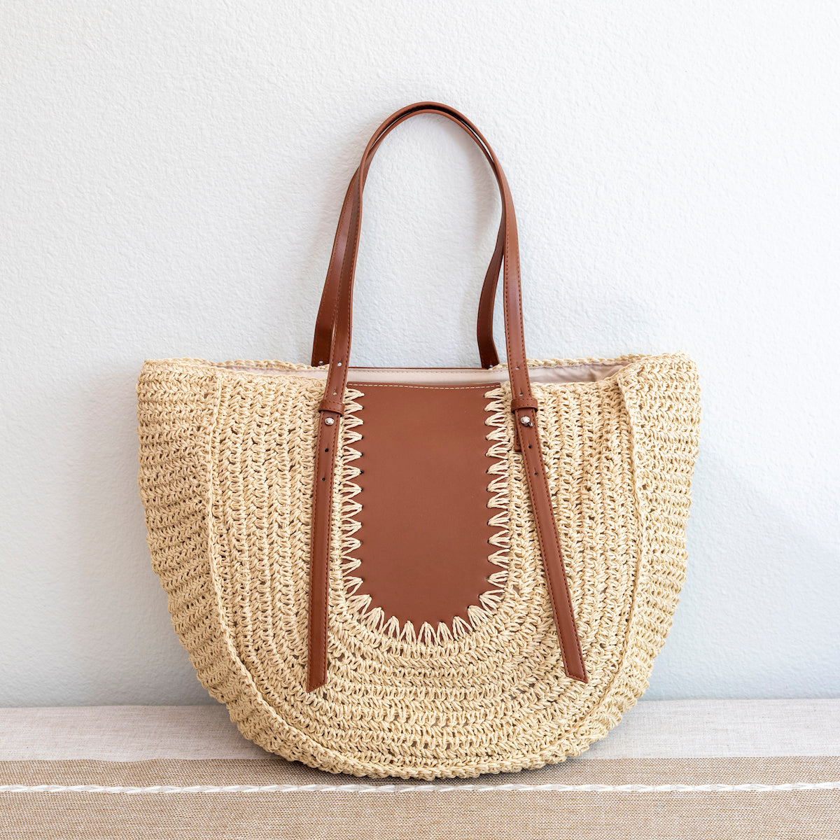 Women’s Large Straw Woven Round Tote with Brown Leather Accents for Beach, Vacation & Summer Outfits
