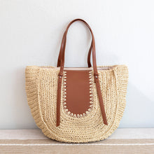 Women’s Large Straw Woven Round Tote with Brown Leather Accents for Beach, Vacation & Summer Outfits