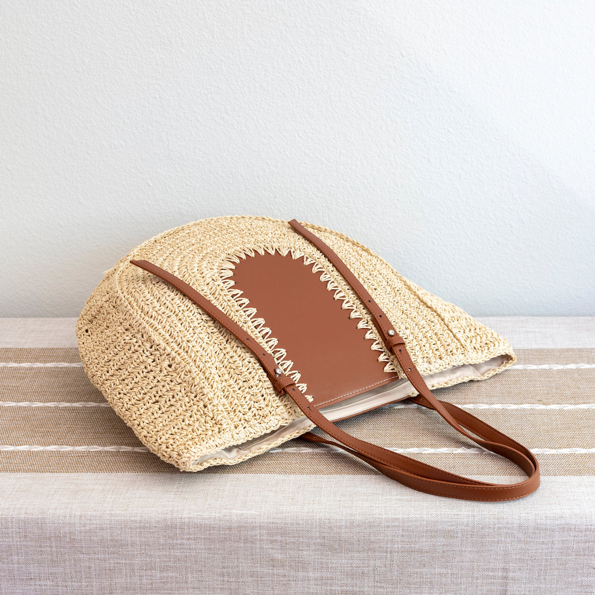 Women’s Large Straw Woven Round Tote with Brown Leather Accents for Beach, Vacation & Summer Outfits