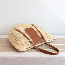 Women’s Large Straw Woven Round Tote with Brown Leather Accents for Beach, Vacation & Summer Outfits