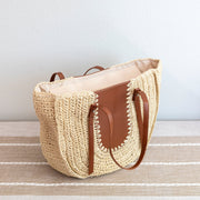 Women’s Large Straw Woven Round Tote with Brown Leather Accents for Beach, Vacation & Summer Outfits