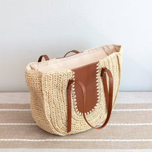 Women’s Large Straw Woven Round Tote with Brown Leather Accents for Beach, Vacation & Summer Outfits
