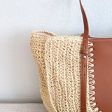 Women’s Large Straw Woven Round Tote with Brown Leather Accents for Beach, Vacation & Summer Outfits