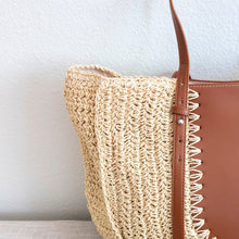 Women’s Large Straw Woven Round Tote with Brown Leather Accents for Beach, Vacation & Summer Outfits