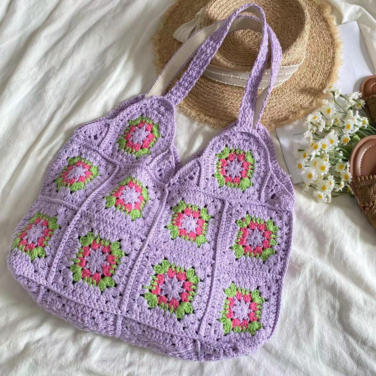 Women’s Artsy Knitted Granny Square Tote for Boho Everyday Style & Gifts