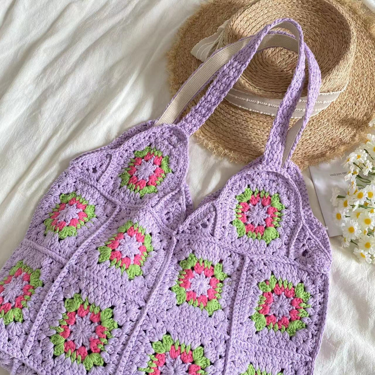 Women’s Artsy Knitted Granny Square Tote for Boho Everyday Style & Gifts