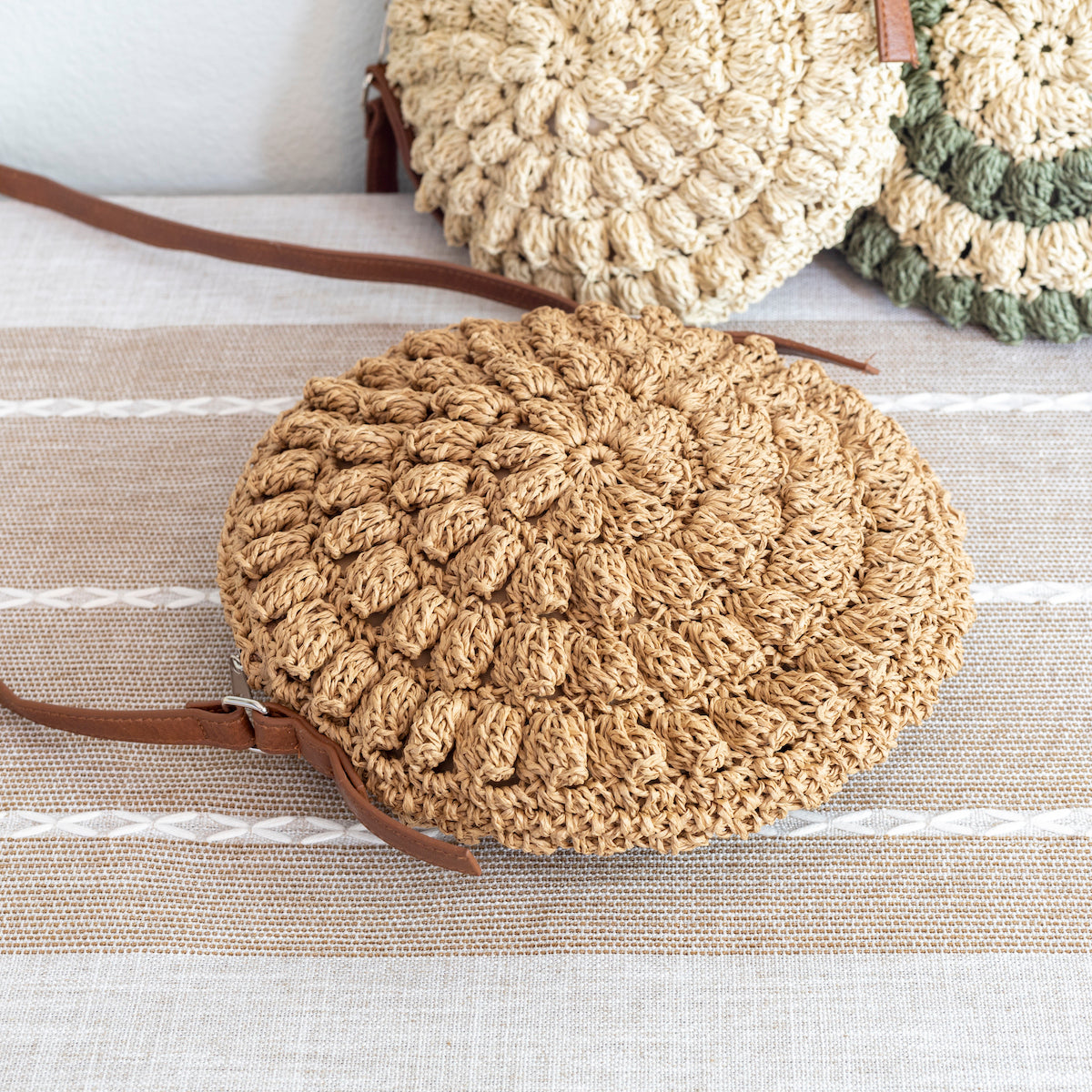 Women’s Straw Woven Round Tote with Leather Strap for Beach, Vacation & Summer Outfits