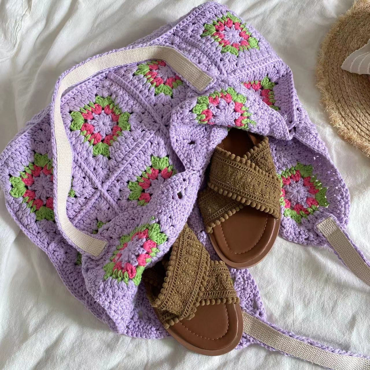 Women’s Artsy Knitted Granny Square Tote for Boho Everyday Style & Gifts