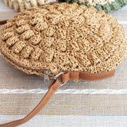 Women’s Straw Woven Round Tote with Leather Strap for Beach, Vacation & Summer Outfits