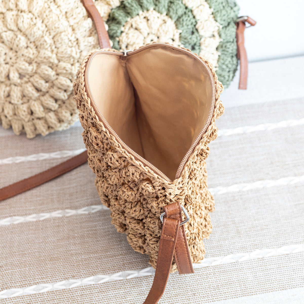 Women’s Straw Woven Round Tote with Leather Strap for Beach, Vacation & Summer Outfits