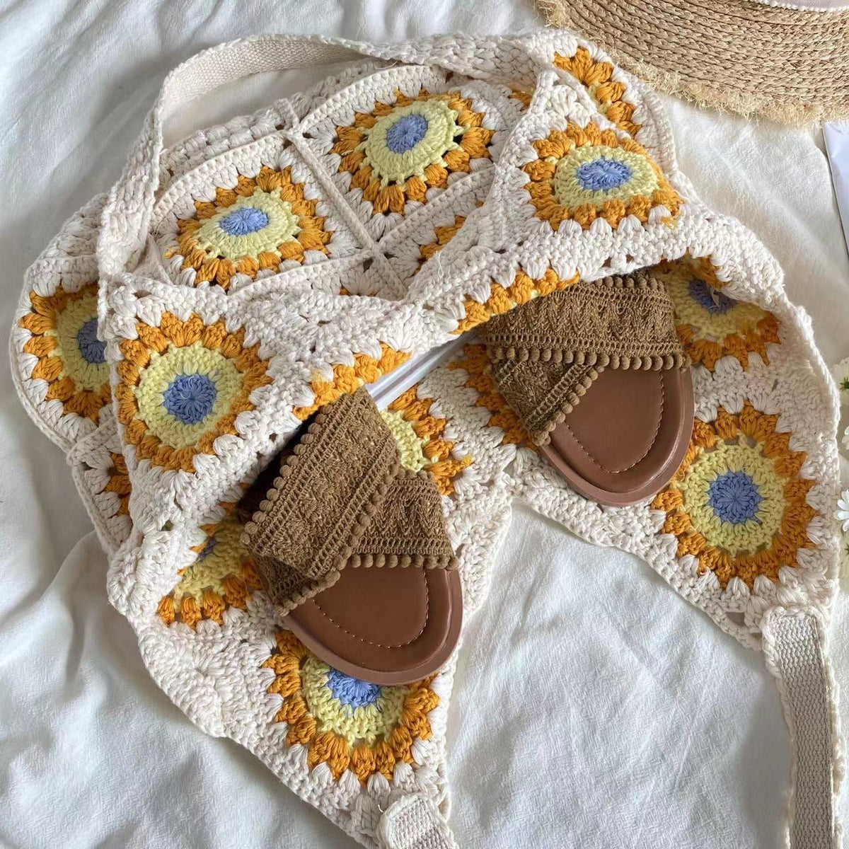 Women’s Artsy Knitted Granny Square Tote for Boho Everyday Style & Gifts