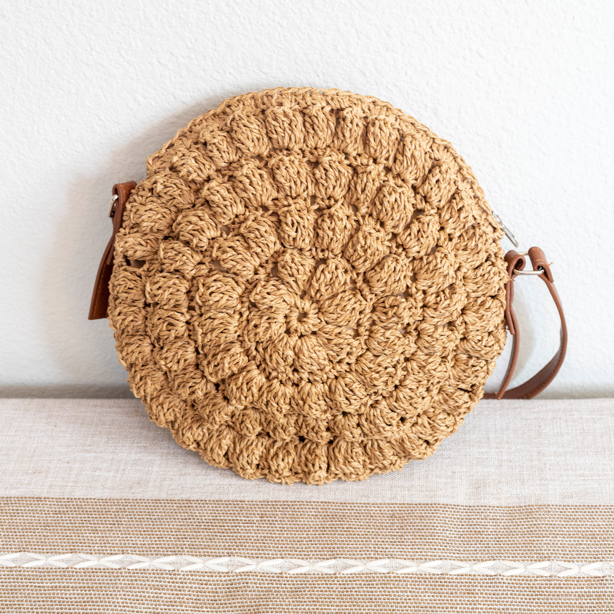 Women’s Straw Woven Round Tote with Leather Strap for Beach, Vacation & Summer Outfits