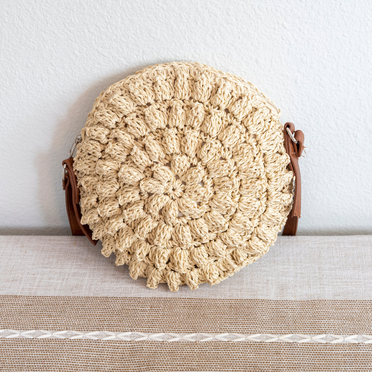 Women’s Straw Woven Round Tote with Leather Strap for Beach, Vacation & Summer Outfits