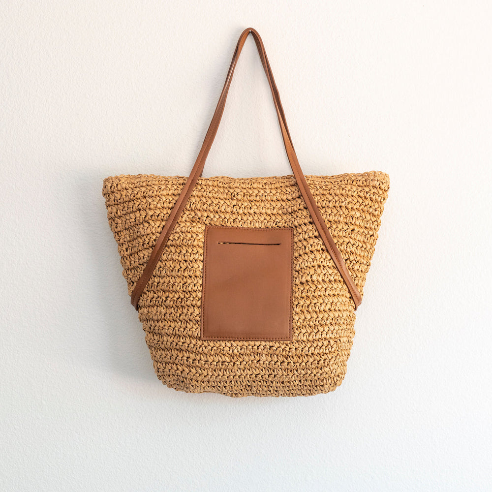Große gewebte Sommer-Strohtasche für Damen mit Lederriemen für Strand, Urlaub und Sommeroutfits