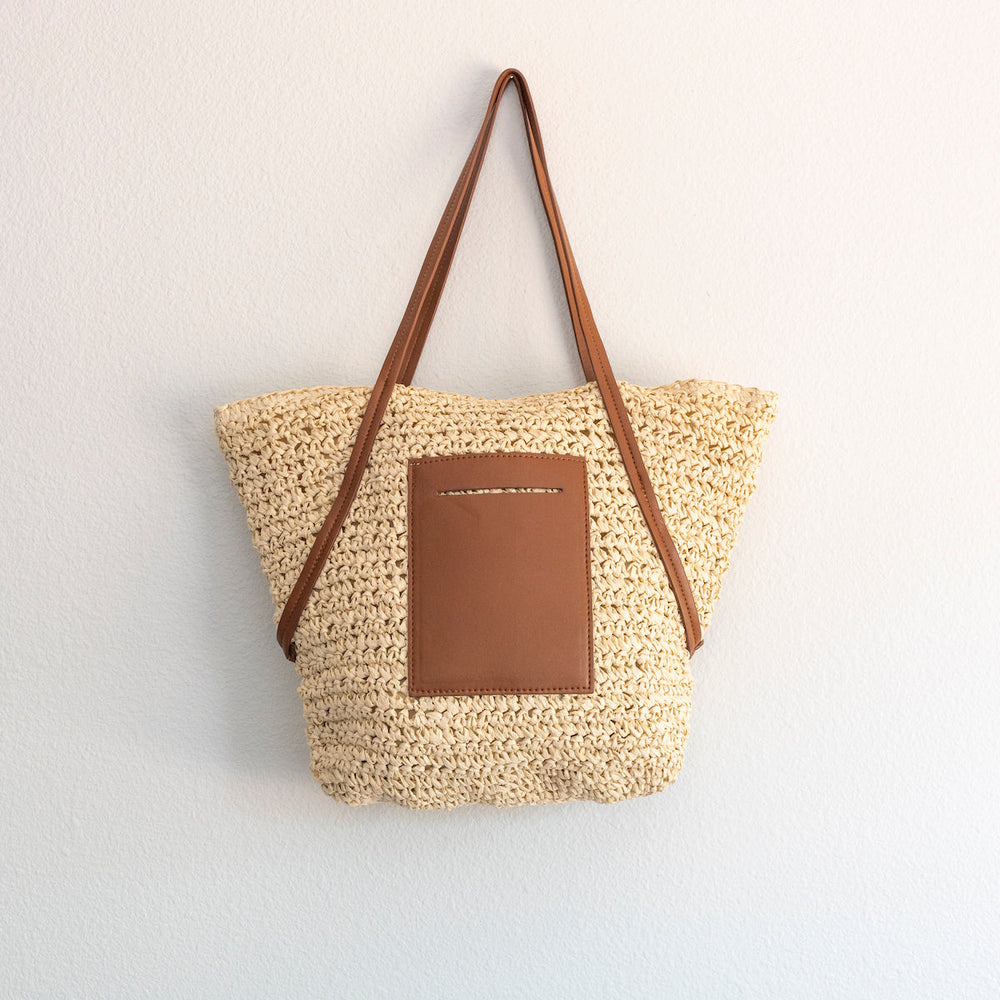 Große gewebte Sommer-Strohtasche für Damen mit Lederriemen für Strand, Urlaub und Sommeroutfits