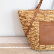 Women’s Large Woven Summer Straw Tote with Leather Straps for Beach, Vacation & Summer Outfits