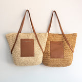 Women’s Large Woven Summer Straw Tote with Leather Straps for Beach, Vacation & Summer Outfits
