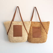 Women’s Large Woven Summer Straw Tote with Leather Straps for Beach, Vacation & Summer Outfits