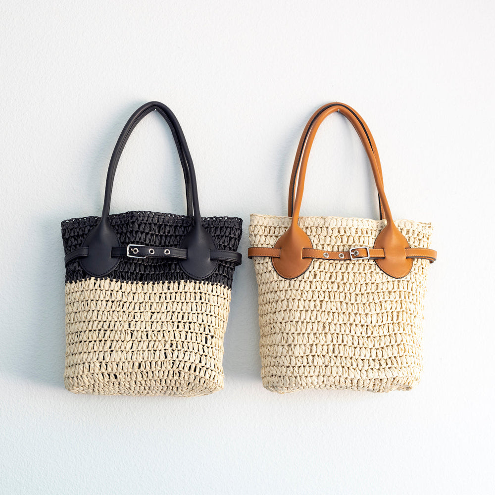 Women’s Straw Top Handle Shoulder Bag with Leather Accent Bucket Bag for Beach, Vacation & Summer Outfits