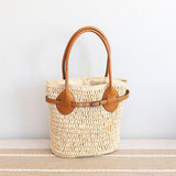 Women’s Straw Top Handle Shoulder Bag with Leather Accent Bucket Bag for Beach, Vacation & Summer Outfits
