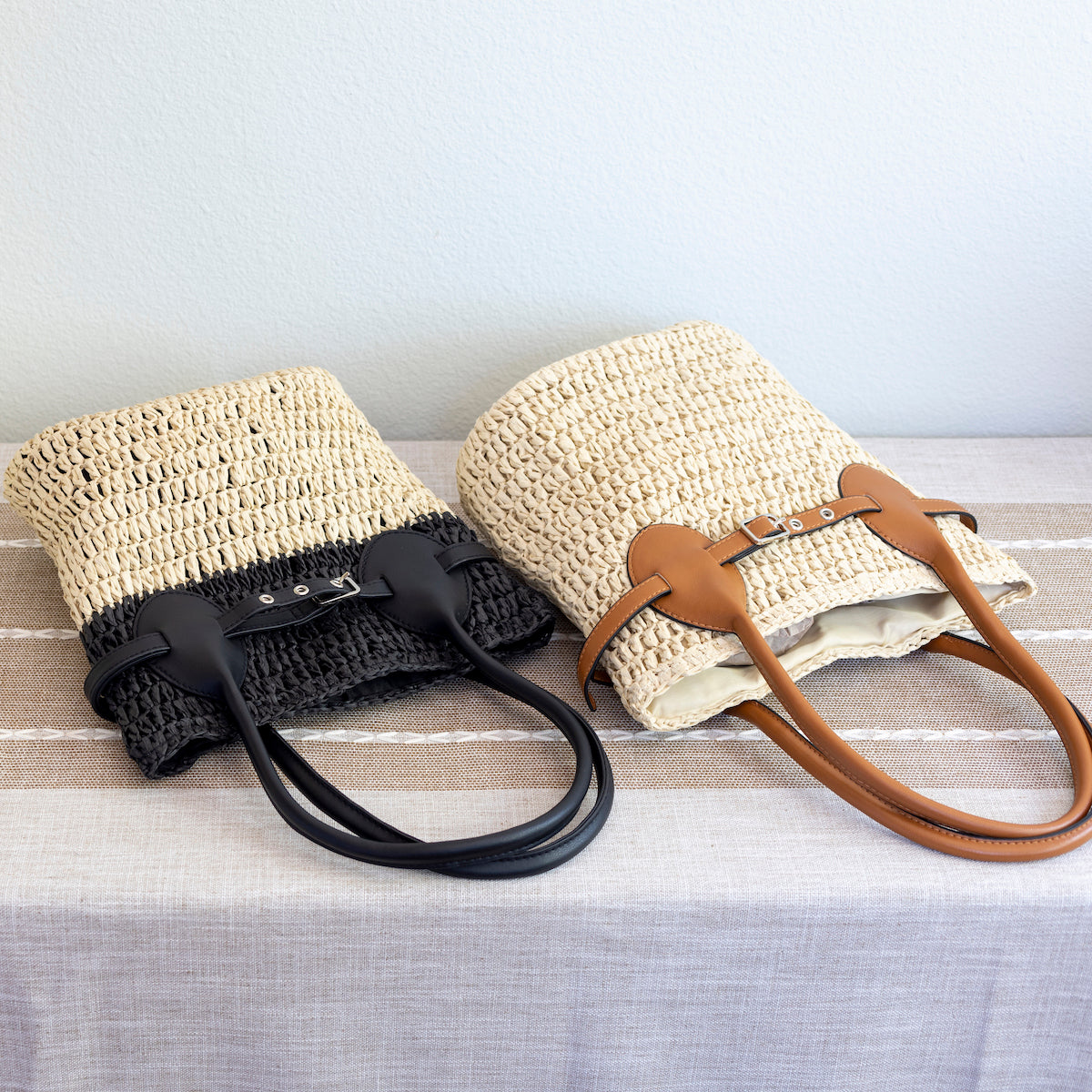 Women’s Straw Top Handle Shoulder Bag with Leather Accent Bucket Bag for Beach, Vacation & Summer Outfits
