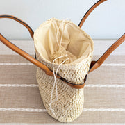 Women’s Straw Top Handle Shoulder Bag with Leather Accent Bucket Bag for Beach, Vacation & Summer Outfits