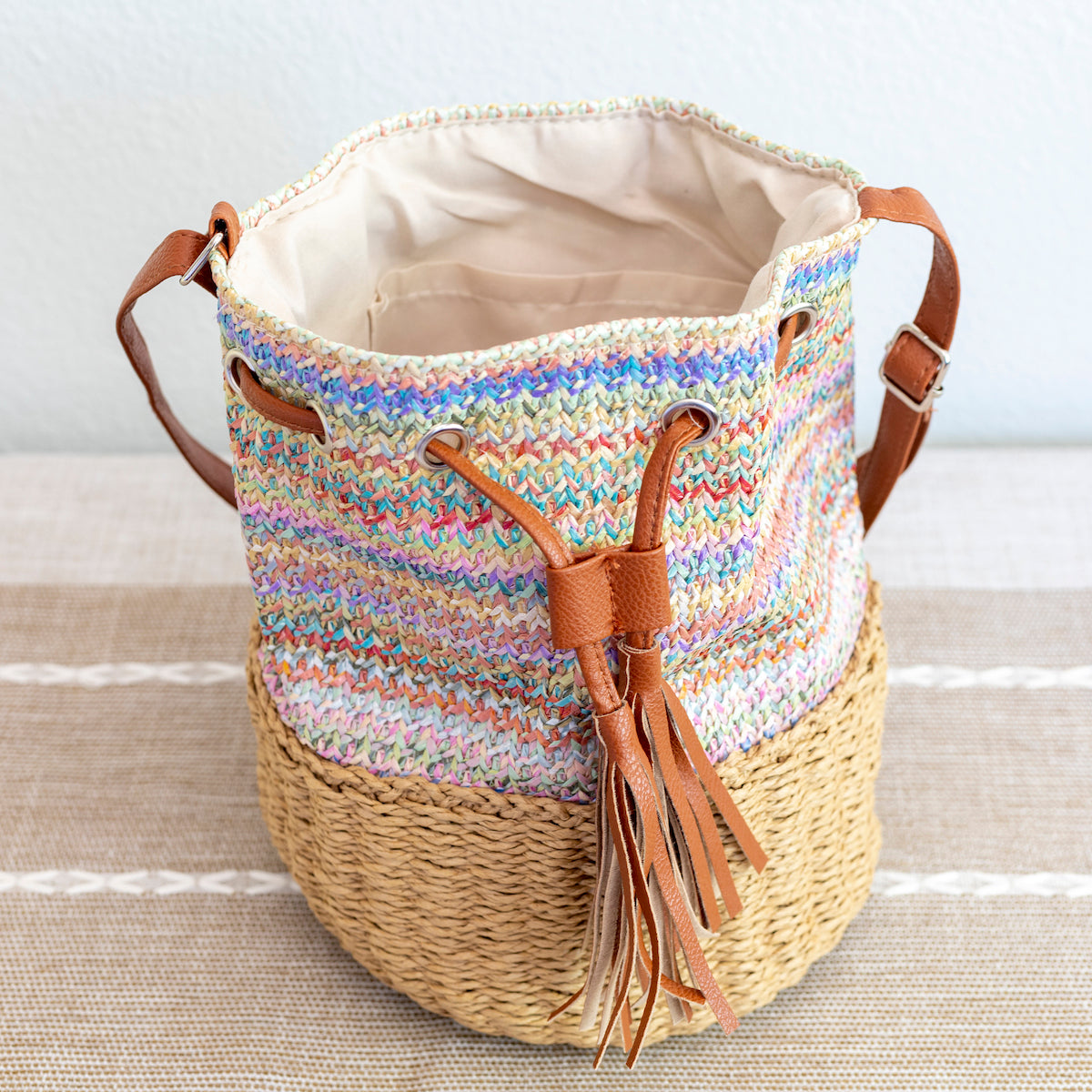 Women’s Retro Straw Bucket Shoulder Bag for Beach, Vacation & Summer Outfits