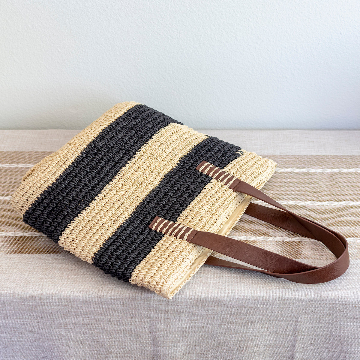Women’s Striped Large Straw Summer Tote Handbag with Wide Straps for Beach, Vacation & Summer Outfits