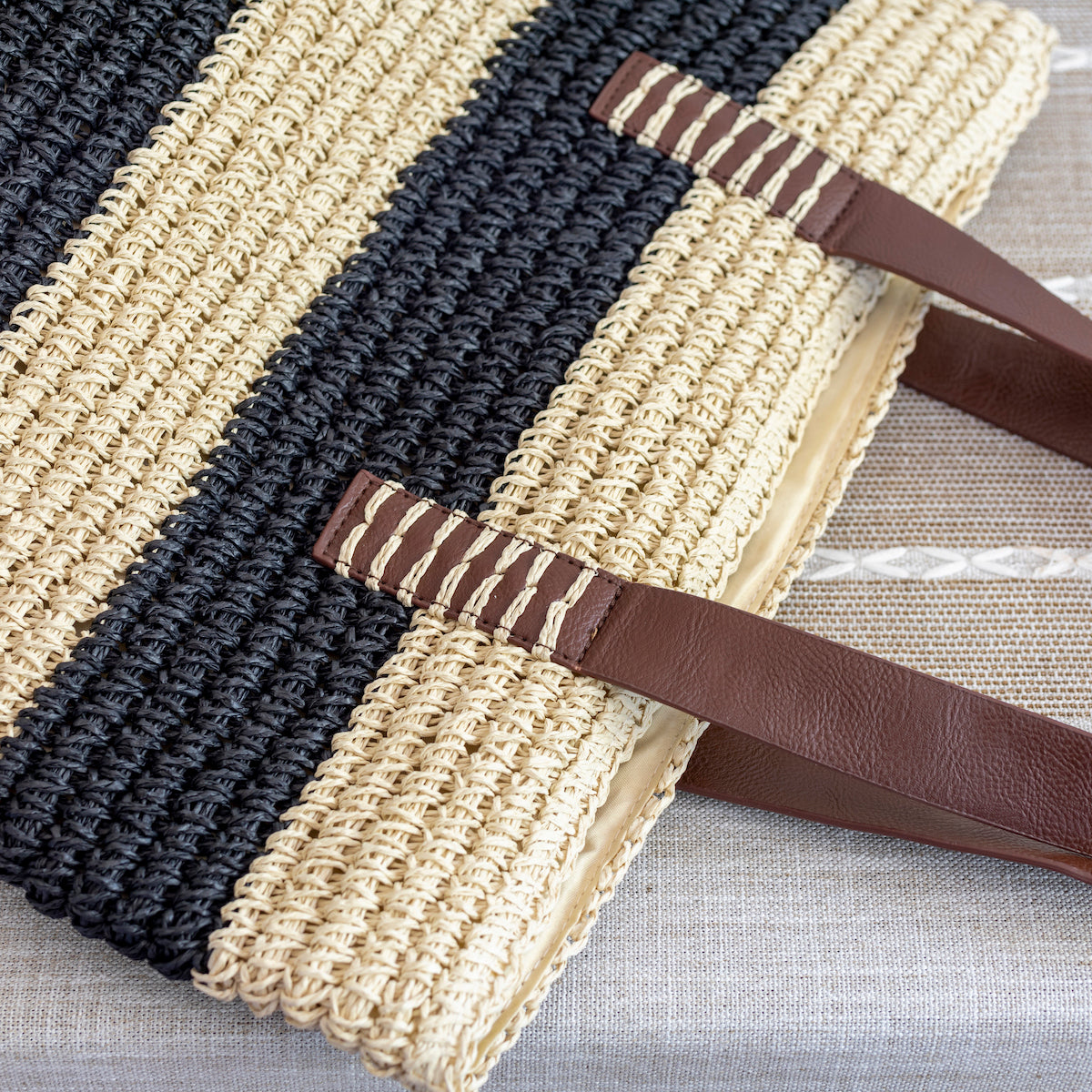 Women’s Striped Large Straw Summer Tote Handbag with Wide Straps for Beach, Vacation & Summer Outfits