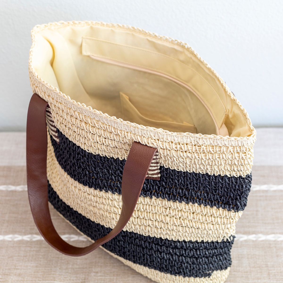 Women’s Striped Large Straw Summer Tote Handbag with Wide Straps for Beach, Vacation & Summer Outfits