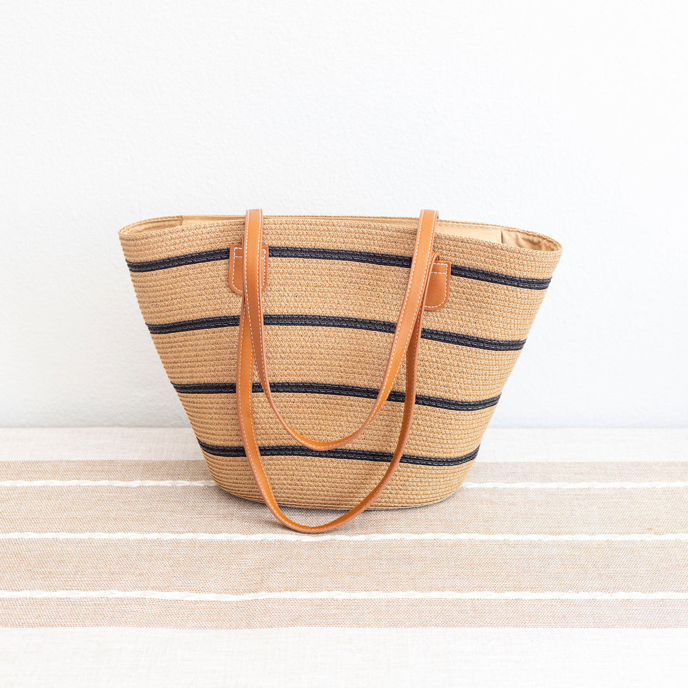 Women’s Straw Summer Tote Beach Bag with Stripes for Beach, Vacation & Summer Outfits