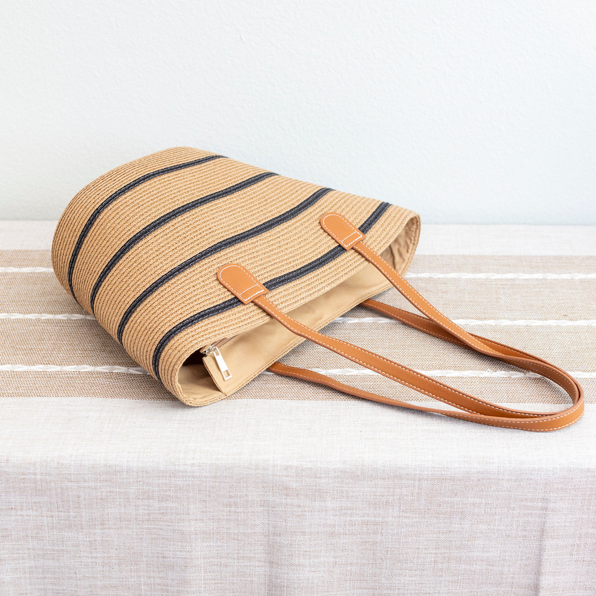 Women’s Straw Summer Tote Beach Bag with Stripes for Beach, Vacation & Summer Outfits